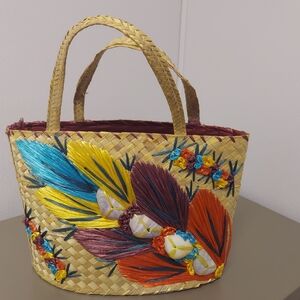 Vintage Floral & Shells Woven Tourist Bag Purse Raffia Straw Beach